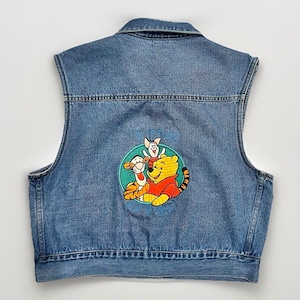Vintage Disney Denim Vest Winnie the Pooh Tigger Piglet Embroidered Patch Sri Lanka Cotton Size Large Rare Collector Mickey Buttons