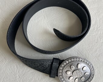 Vintage Caché Leather Belt Western Glam Rhinestone Trophy Buckle
