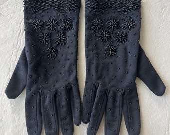 Vintage Black Beaded Cocktail Gloves Old Hollywood Glamour 60s