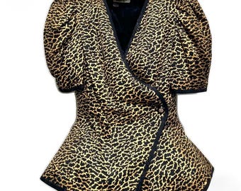 Vintage 80s Silk Cheetah Wrap Dress Blouse Marguerite Boutiques Puff Sleeve Animal Print Top