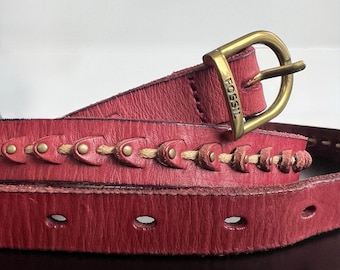 Vintage Fossil Burgundy Leather Belt Y2K Boho Western Studded Woven Belt Large