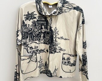 Vintage Coldwater Creek Jacket, Silk Blend Chinoiserie Scenic Toile, 1990s
