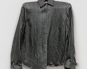 Vintage 1980s Starington Saks Fifth Avenue Blouse Black White Geometric Power Dressing