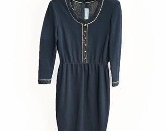 Vintage St John Marie Gray Santana Knit Dress Black Gold Jeweled Buttons