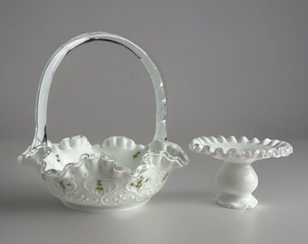 Vintage Fenton Milk Glass Basket Lois Watson Signed Floral Silver Crest Set