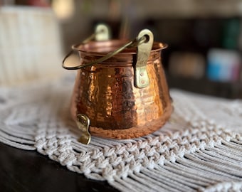 Vintage Teleflora Hammered Copper Cauldron Planter, Brass Bail Handle, Footed,