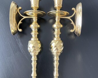 Vintage Solid Brass Wall Sconces Set of 2, Twisted Rope & Scroll Candle Holders
