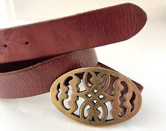 Vintage Leather Belt Ornate Brass Buckle Boho Western Brown Genuine Leather