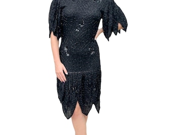 Vintage 1980s 1990s Frank Usher Black Silk Beaded Sequin Cocktail Dress Floral