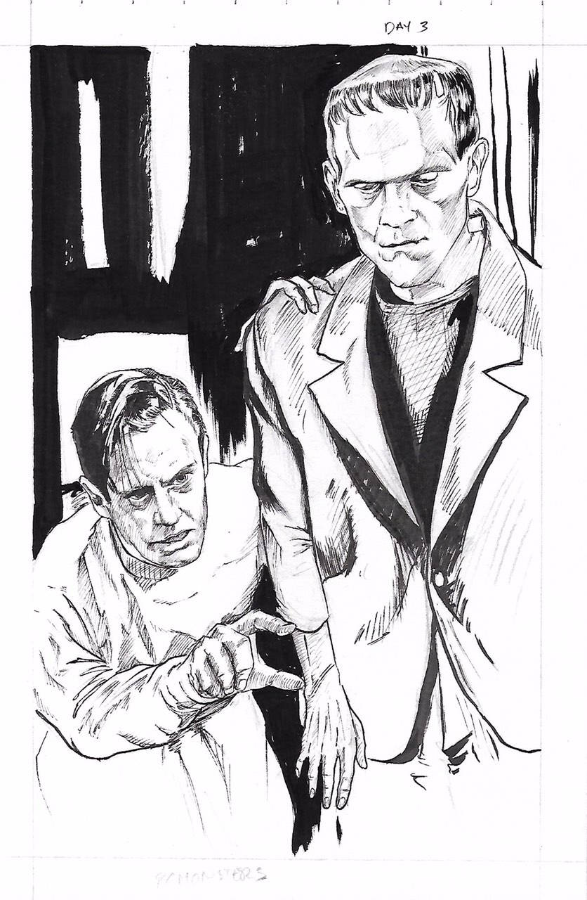 Dr frankenstein and his monster original artwork portrait illustration