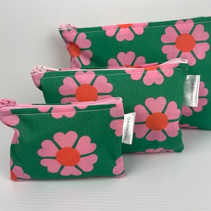 Cute Bright Pink Flowers on Green Australian Made Coin Purse PolyCotton Sanitary Organisers Pouch Soft Lightweight