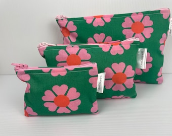 Cute Bright Pink Flowers on Green Australian Made Coin Purse PolyCotton Sanitary Organisers Pouch Soft Lightweight