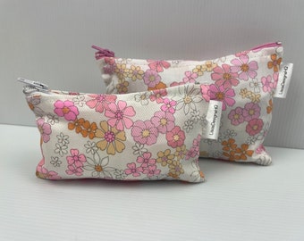 Gorgeous Vintage Style Sweet Pink & Orange Flowers Card Phone Holder Organisation Pouch, Zipper Pouch Australian Made Coin Purse Cotton