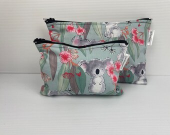 Cute Australian Koala Bear with Flowering Gum Tree Make up Organisation Pouch, Zipper Pouch,  Pencil Case Australian Made Cotton Coin Purse