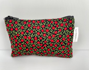 Red Romantic Roses  Organisation Pouch,  Zipper Pouch,  Australian Made Coin Purse Tiny Wallet , 13 x 8 cm Cotton pouch with nylon zipper.