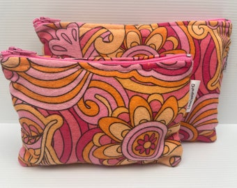 Pink & Orange Swirl Funky Flannelette 80’s Design Fabric Zipper Pouch,  Australian Made Coin Purse Cotton Sanitary Holder pouch