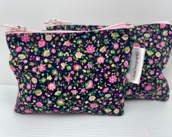Spring Garden Pink  &  Yellow Flowers Fabric Zipper Pouch Australian Made Credit Card Wallet Coin Purse Cotton Sanitary Holder