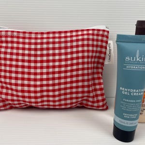 Red  and White Gingham   Makeup Bag Australian Made  Coin Purse  Sanitary Organisers Pouch Soft Lightweight 15 x 10cm