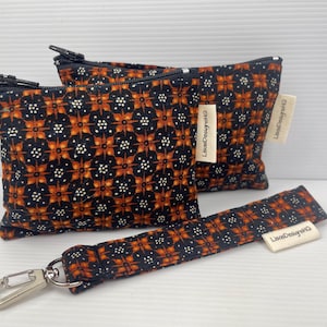 Brown  fabric with Caramel Batik design mini Makeup Bag Australian Made Coin Purse  Sanitary Organisers Pouch Soft Lightweight Unique Gift