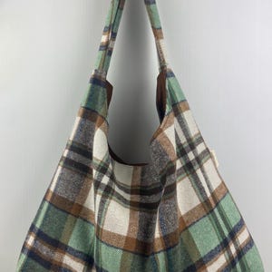 Soft Flannel Check Brown Green Blue Shoulder Handbag cotton lining and Pocket  Handmade in Australia. Wide 45 High 32cm strap 45cm long