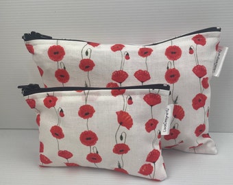 Anzac Day Less we forget Red Poppy Makeup Purse Passport Pouch Australian Made Coin Purse Cotton with nylon zipper 2 different sizes avail