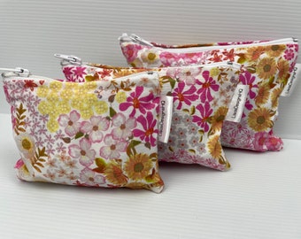 Spring Garden Pink & Yellow Flowers Fabric Zipper Pouch Australian Made Credit Card Wallet Coin Purse Cotton Sanitary Holder
