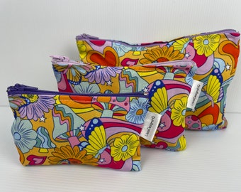 60’s Groovy Woodstock Design Fabric Zipper Pouch,  Australian Made Coin Purse Cotton Sanitary Holder pouch with nylon zipper 3  sizes avail