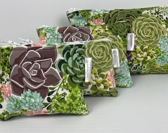 Succulents Beautiful Green Garden Flowers Fabric Zipper Pouch,  Australian Made Pencil Case Card Coin Purse Cotton Sanitary Holder pouch