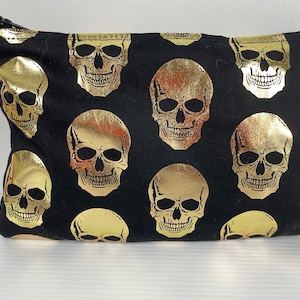 Borsa per il trucco gotica con teschio oro su nero Mini borsa Astuccio per matite Contiene caricabatterie per telefono Chiavi Passaporto Portamonete Borsa da palestra Fatto a mano in Australia
