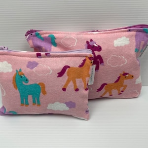 Pony & Horses in the Clouds , Aqua , Purple Flannelette Zipper Pouch,  Australian Made Coin Purse Cotton pouch