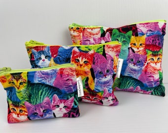 Cat Fluro Pop Art Kitty Kitten Print , Coin Purse Handbag Organiser Zipper Pouch,  Australian Made Cotton pouch  3 different sizes avail