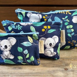 Cute Koala Bear on white or  Navy Zipper Pouch: Australian Handmade Cotton Coin Purse Makeup Bag Pencil Case reusable washable