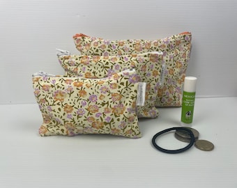 Spring Garden Pink , Orange  &  Yellow Flowers Fabric Zipper Pouch Australian Made Credit Card Wallet Coin Purse Cotton Sanitary Holder