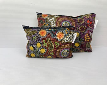 Beautiful Indigenous Dot  Aboriginal Print Organisation Pouch, Zipper Pouch,  Australian Made Cotton Coin Purse