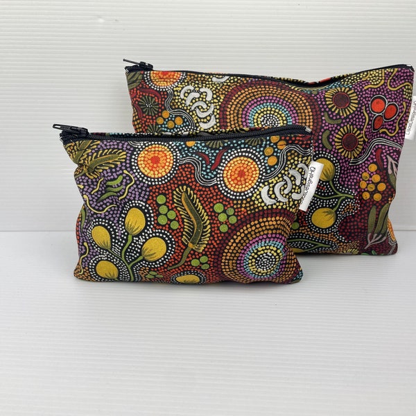 Beautiful Indigenous Dot  Aboriginal Print Organisation Pouch, Zipper Pouch,  Australian Made Cotton Coin Purse