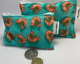 Prawns Ocean Seafood “Shrimp on the BBQ” Makeup Bag , Zipper, Australian Made Coin Purse Cotton pouch, 2 different sizes avail