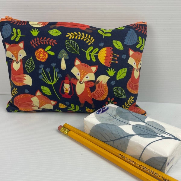 Cute Little Retro Orange Fox with Lantern Travel  in Poplin Cotton Pencil Case Phone Chargers Keys Passport Gym Bag AUS Handmade 20x 13 cm