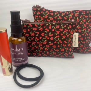 Pretty Cherries on Brown fabric mini Makeup Bag Australian Made Coin Purse  Sanitary Organisers Pouch Soft Lightweight Unique Gift