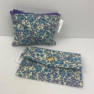 Purple and Blue Flowers Mini Make up Organisation Pouch & Credit Card Clip Wallet,  Zipper Pouch Australian Made Coin Purse