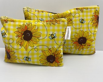Yellow Sunflowers & Bees Zipper Pouch,  Australian Made Reusable Bags Coin Purse Cotton Holder pouch Pencil Case