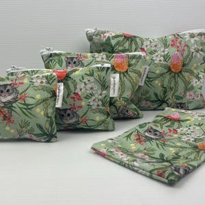 Ring Tail Possum on green Makeup Zipper Pouch wattle Flannel Flowers Australian Native Floral Souvenir Cotton Coin Purse