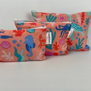 Tropical Oceans Sealife Stingray Fish Seahorse Shells Coral Reef Fabric Zipper Pouch Australian Made Coin Purse Cotton Sanitary Holder pouch