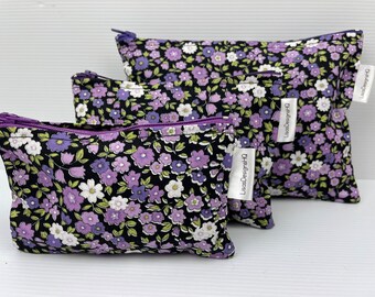 Spring Garden Purple &  Cream Flowers Fabric Zipper Pouch Australian Made Credit Card Wallet Coin Purse Cotton Sanitary Holder