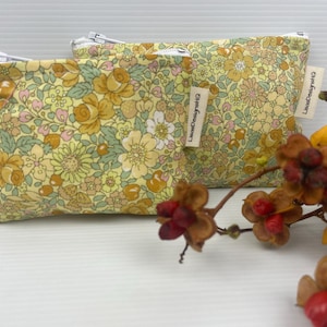 Vintage Style Yellow Brown White Flowers Fabric Makeup Bag Zipper Pouch Australian Made Coin Purse Cotton Sanitary Holder Japanese Fabric