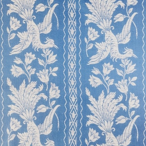 Fabric SAMPLE 4&quot;x4&quot; -  Antique Ticking Fabric with Blue Birds Soft Textured Cotton Mix Rare UNUSED Old Stock 1940s Unique - Da-Azul-004