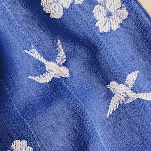Fabric SAMPLE 4&quot;x4&quot; -  Very RARE Antique Cobalt Blue Birds Ticking Fabric 1920-1930s Historic Cotton Jacquard - Rec-Da-Azul-027