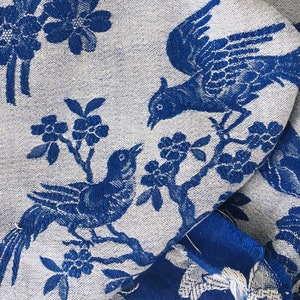 4" x 4" SAMPLE - Very RARE Antique Fabric Cobalt Blue Birds 1930s Antique Ticking Chinoiserie - Rec-Da-Azul-023D