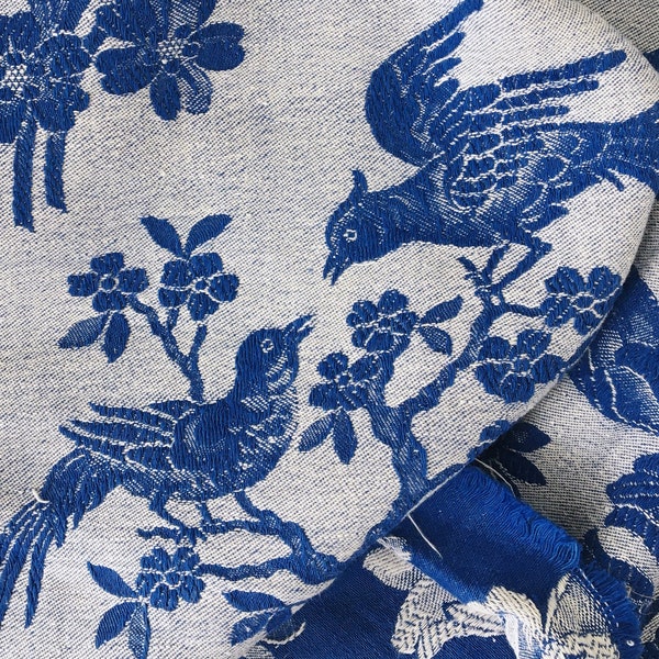 ÉCHANTILLON 4 x 4 po. - très RARE tissu antique, oiseaux bleu cobalt des années 1930 - Chinoiserie à coutil antique - Rec-Da-Azul-023D