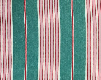 001B  Antique Ticking Fabric Rare Timeworn c 1940 SOFT and Faded European Vintage Cotton Twill Pink and Green Stripes