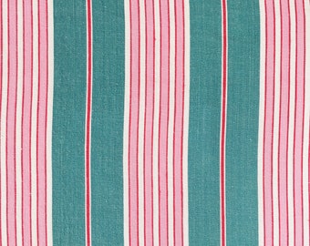 001I Vintage Ticking Fabric | Candy Stripes | Beautiful Pink Green  1940s | Antique Cotton TWILL | Rare European Ticking